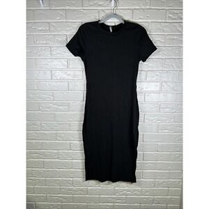 Yellow Cabbage S/M Ribbed Black Midi Dress Bodycon High Slit Minimalist